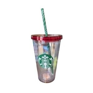 Starbucks Venti 24oz Reusable plastic cup with a red lid and striped straw New